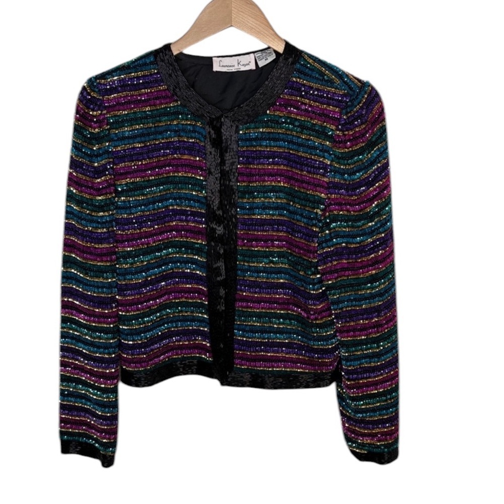 Vintage Laurence Kazar Rainbow Sequin Beaded Silk Jacket Women Size M BLEMISH